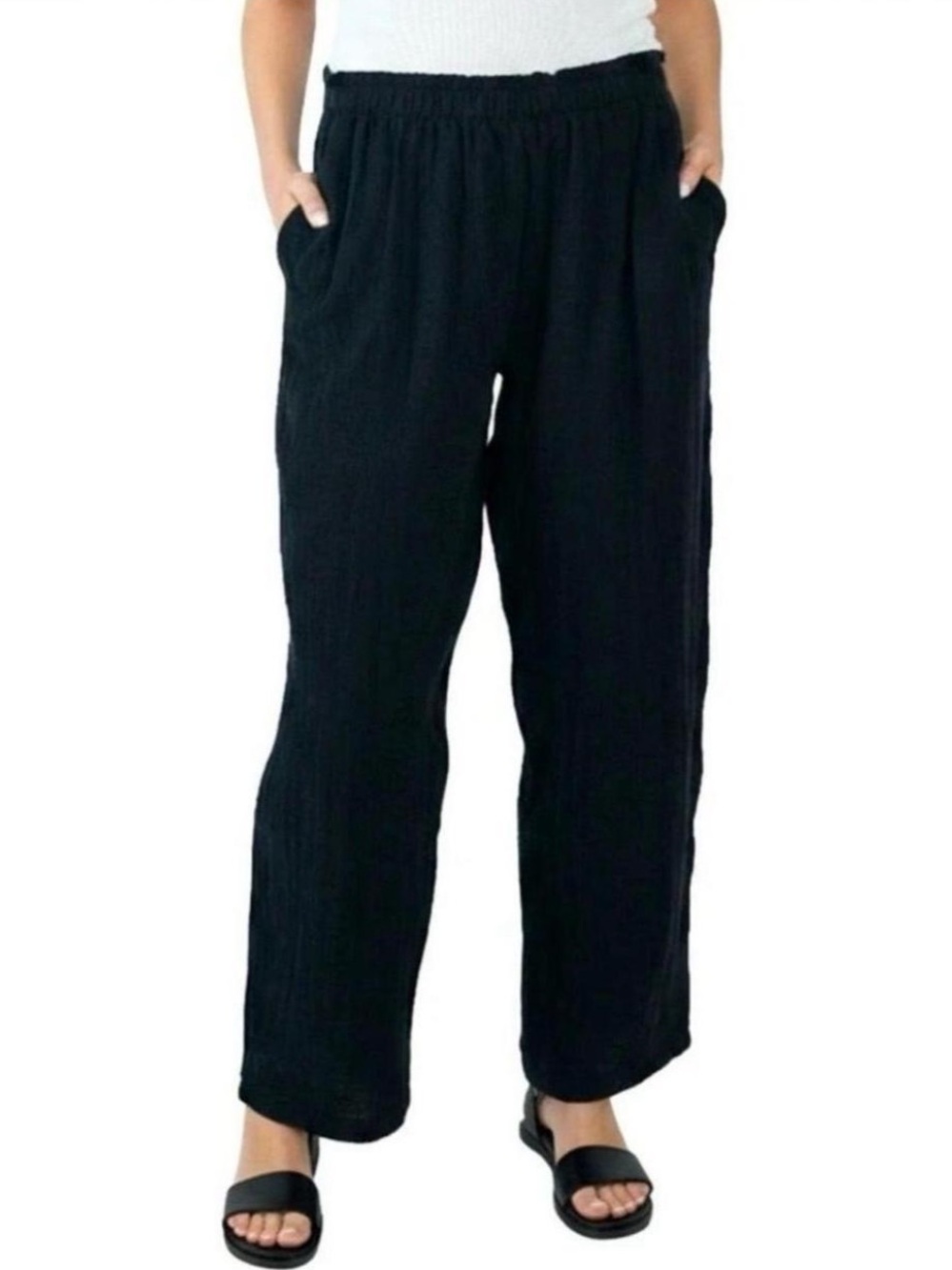 Coldwater Creek Black Gauze Cotton Elastic-Waist Pull On Pants